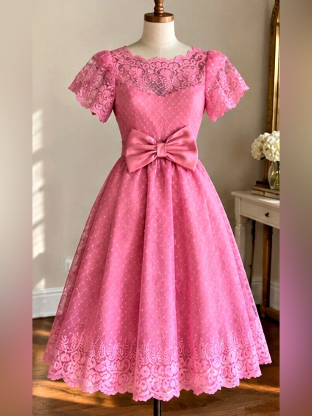 Vintage Pink Lace Party Dress ILGWU Union Made USA Satin Bow Romantic Tea Length